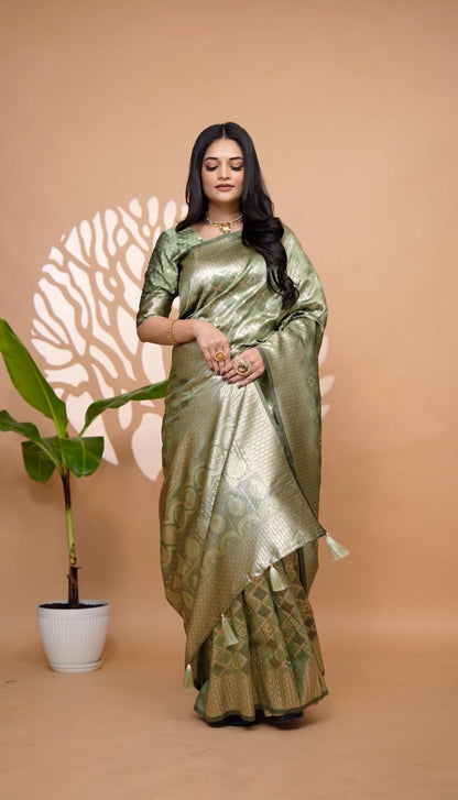 Elegant Light Green Banarasi Silk Saree With Golden Zari Weaving
