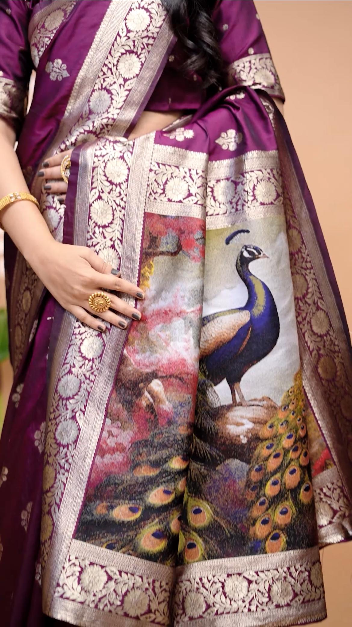 Royal Purple Banarasi Silk Saree With Peacock Pallu Design