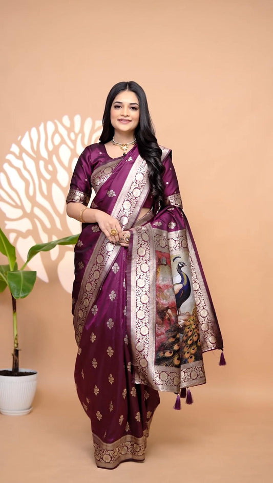 Royal Purple Banarasi Silk Saree With Peacock Pallu Design