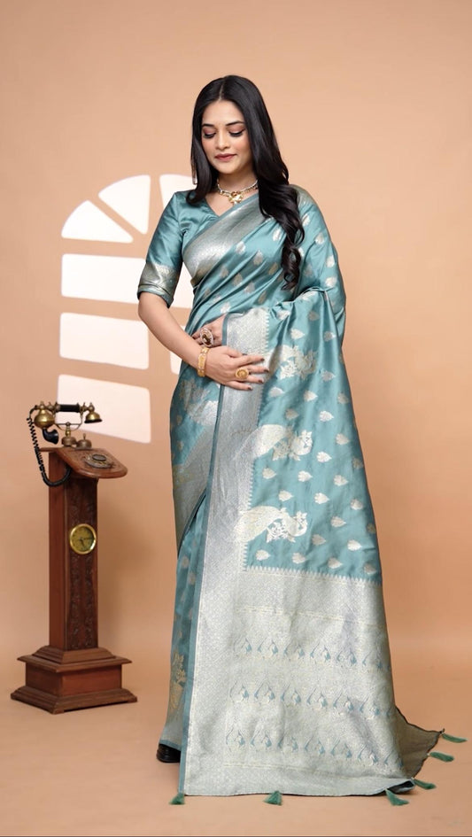 Elegant Mint Green Banarasi Silk Saree With Zari Weaving