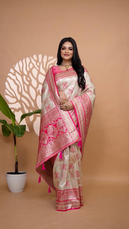 Elegant Cream & Pink Banarasi Silk Saree With Zari Weaving