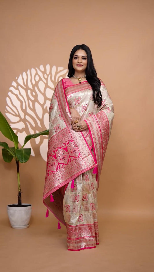 Elegant Cream & Pink Banarasi Silk Saree With Zari Weaving