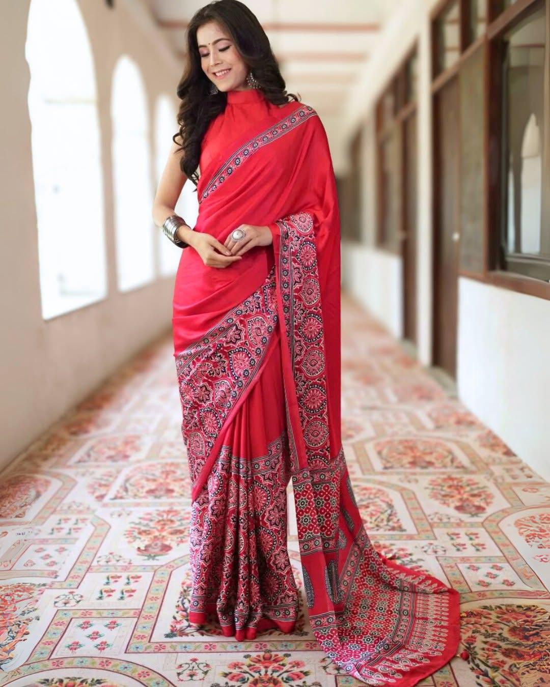 Delightful  Pure Gajji Silk Saree In Ajarakh Pattern