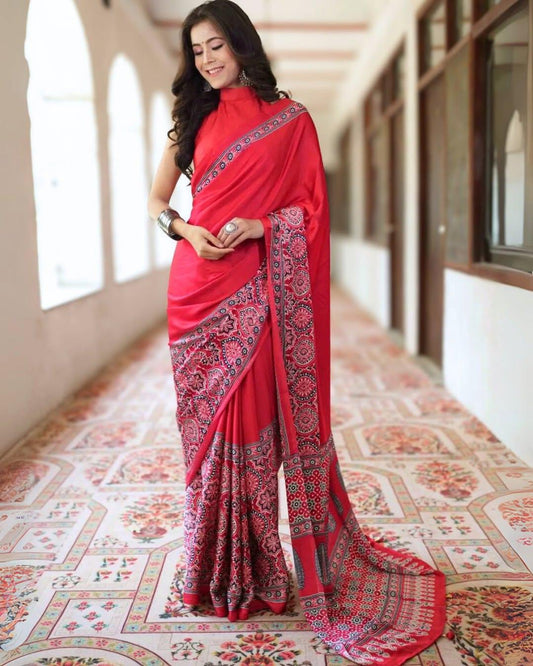 Delightful  Pure Gajji Silk Saree In Ajarakh Pattern