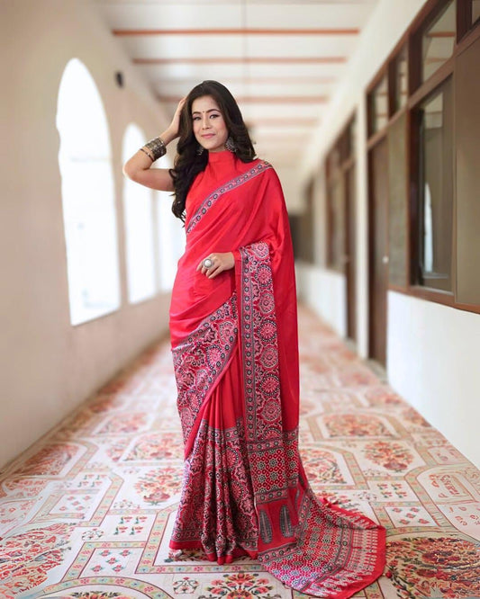 Delightful  Pure Gajji Silk Saree In Ajarakh Pattern
