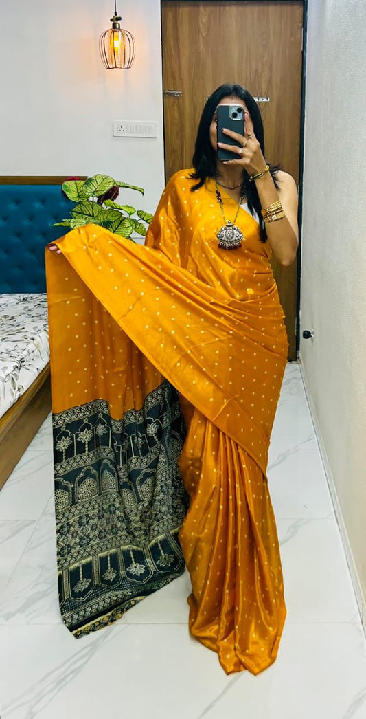 Elegant Pure Gajji Silk Saree In Ajarakh Pattern