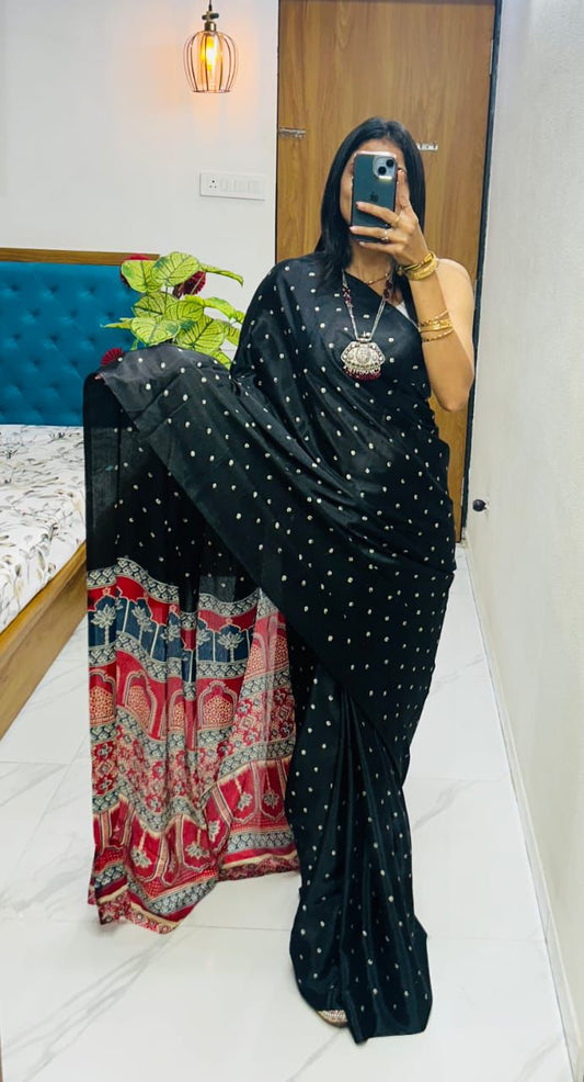 Elegant Pure Gajji Silk Saree In Ajarakh Pattern