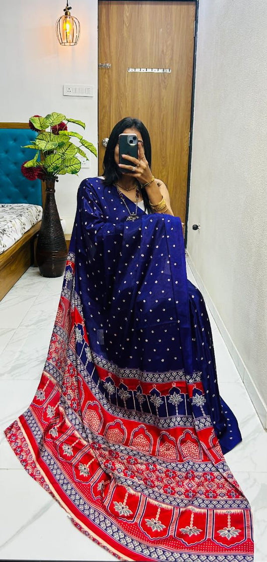 Elegant Pure Gajji Silk Saree In Ajarakh Pattern