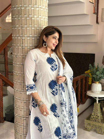 Anushka Sharma Inspired Pure Mul Cotton Jaipuri Block Print Suit Set