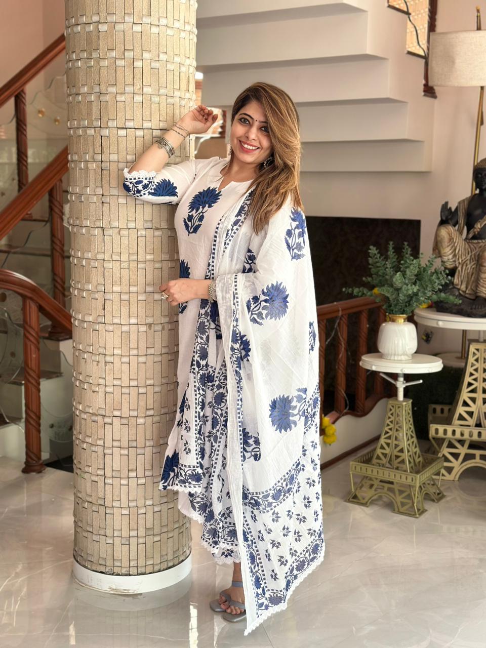 Anushka Sharma Inspired Pure Mul Cotton Jaipuri Block Print Suit Set
