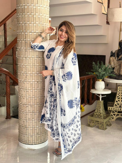 Anushka Sharma Inspired Pure Mul Cotton Jaipuri Block Print Suit Set