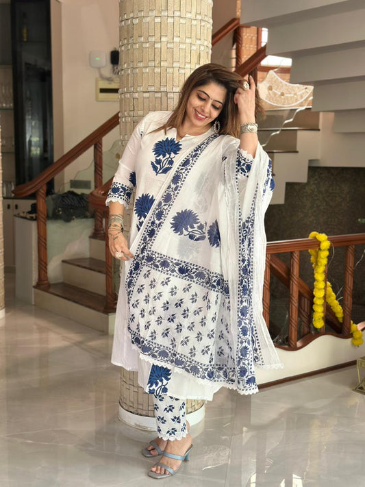 Anushka Sharma Inspired Pure Mul Cotton Jaipuri Block Print Suit Set