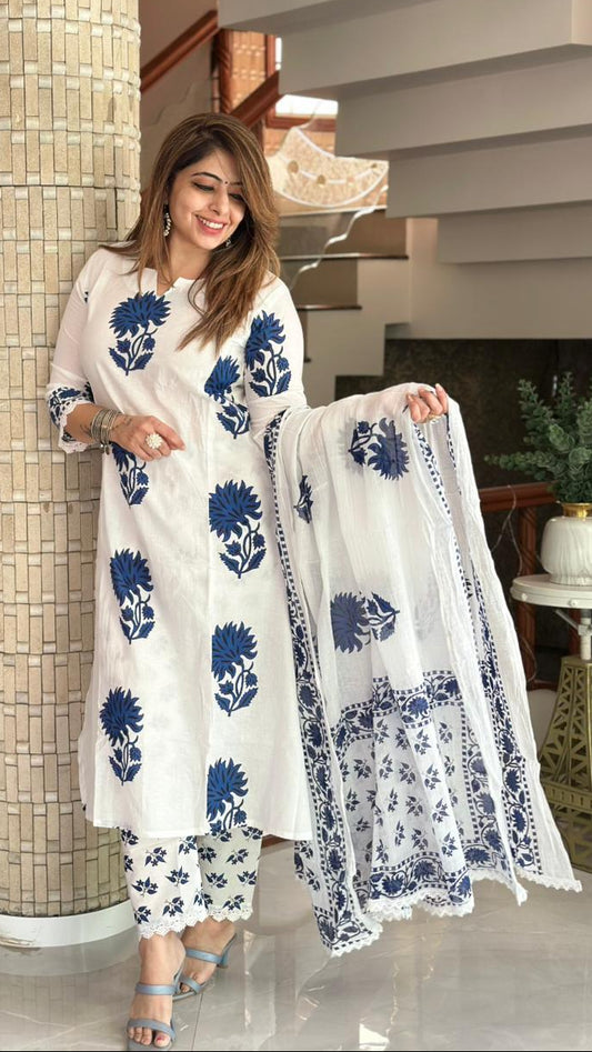 Anushka Sharma Inspired Pure Mul Cotton Jaipuri Block Print Suit Set