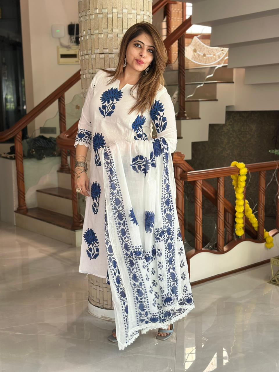 Anushka Sharma Inspired Pure Mul Cotton Jaipuri Block Print Suit Set