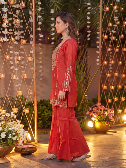 Maharani Rust Signature Mirror Embellished Plazo Set