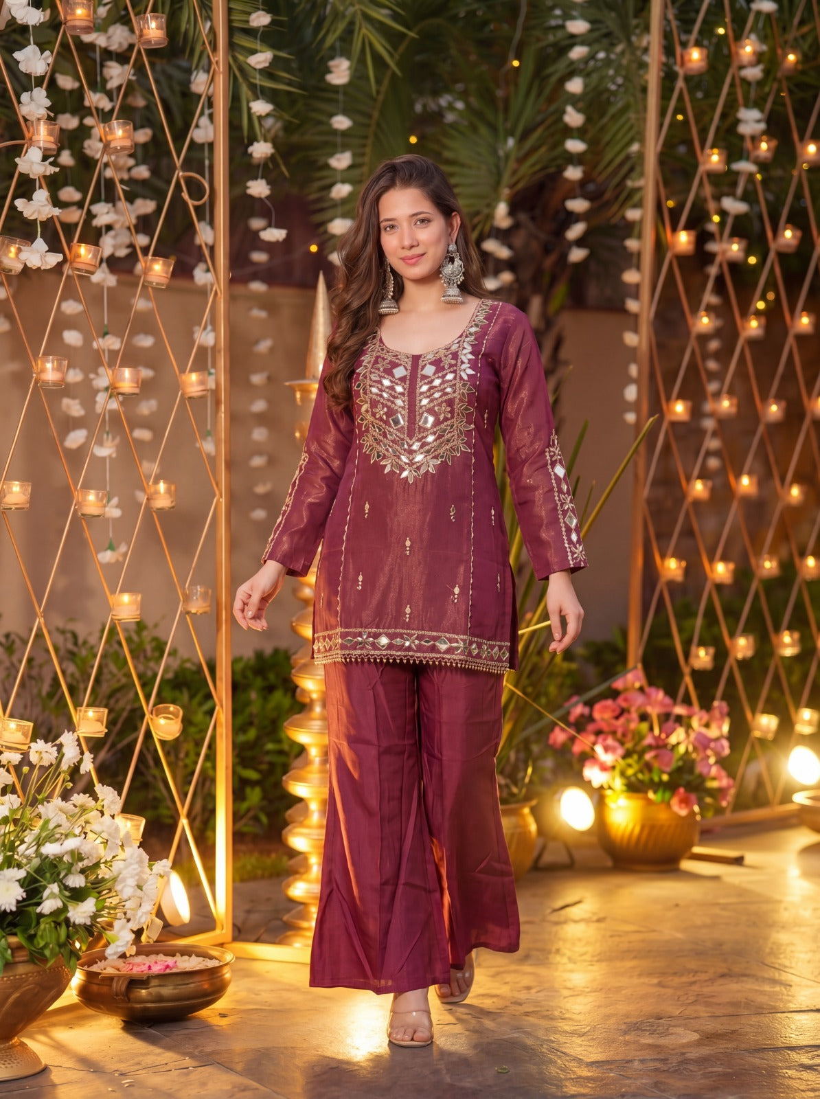 Maharani Wine Signature Mirror Embellished Plazo Set