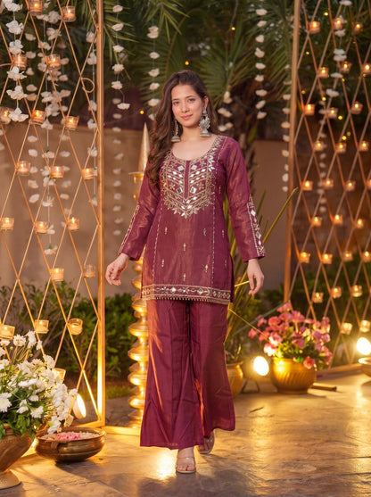 Maharani Wine Signature Mirror Embellished Plazo Set