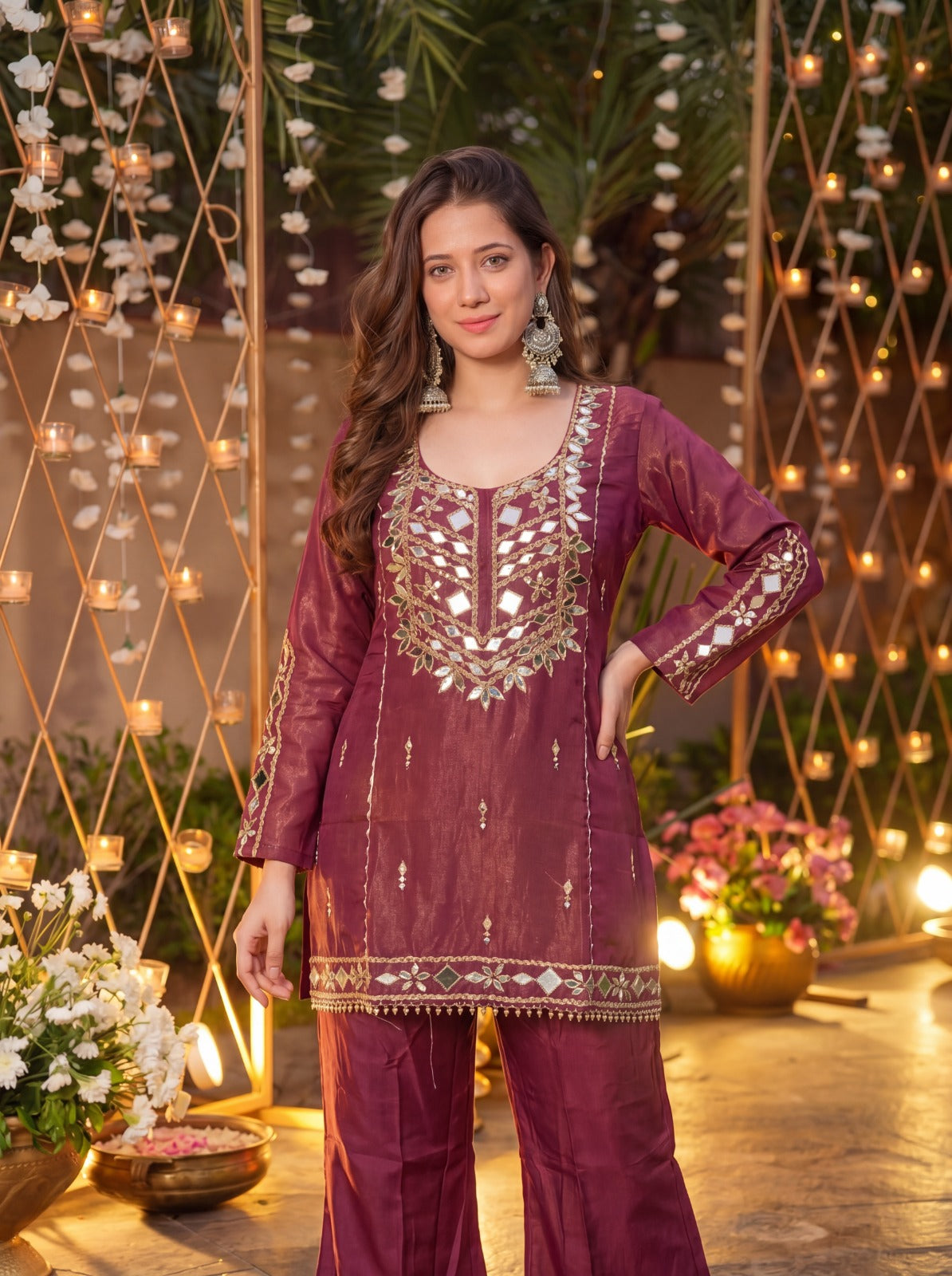 Maharani Wine Signature Mirror Embellished Plazo Set