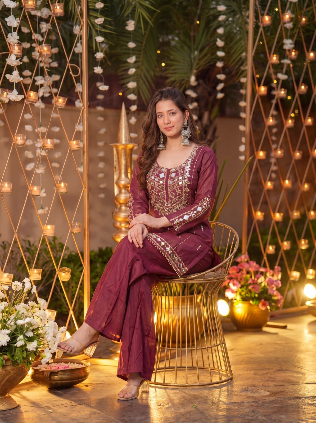 Maharani Wine Signature Mirror Embellished Plazo Set