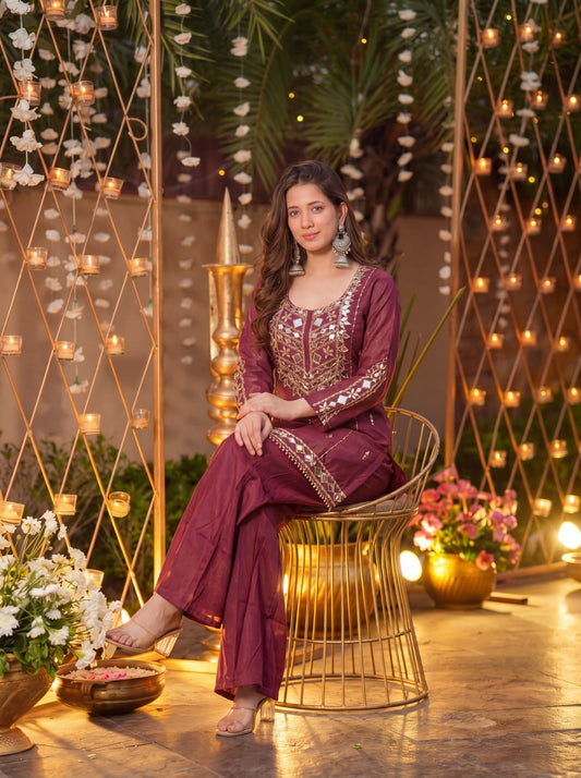 Maharani Wine Signature Mirror Embellished Plazo Set