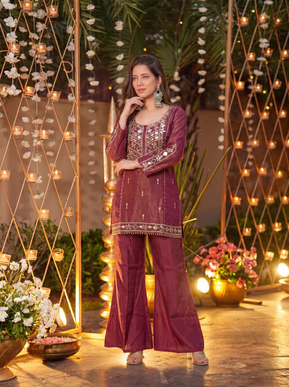 Maharani Wine Signature Mirror Embellished Plazo Set