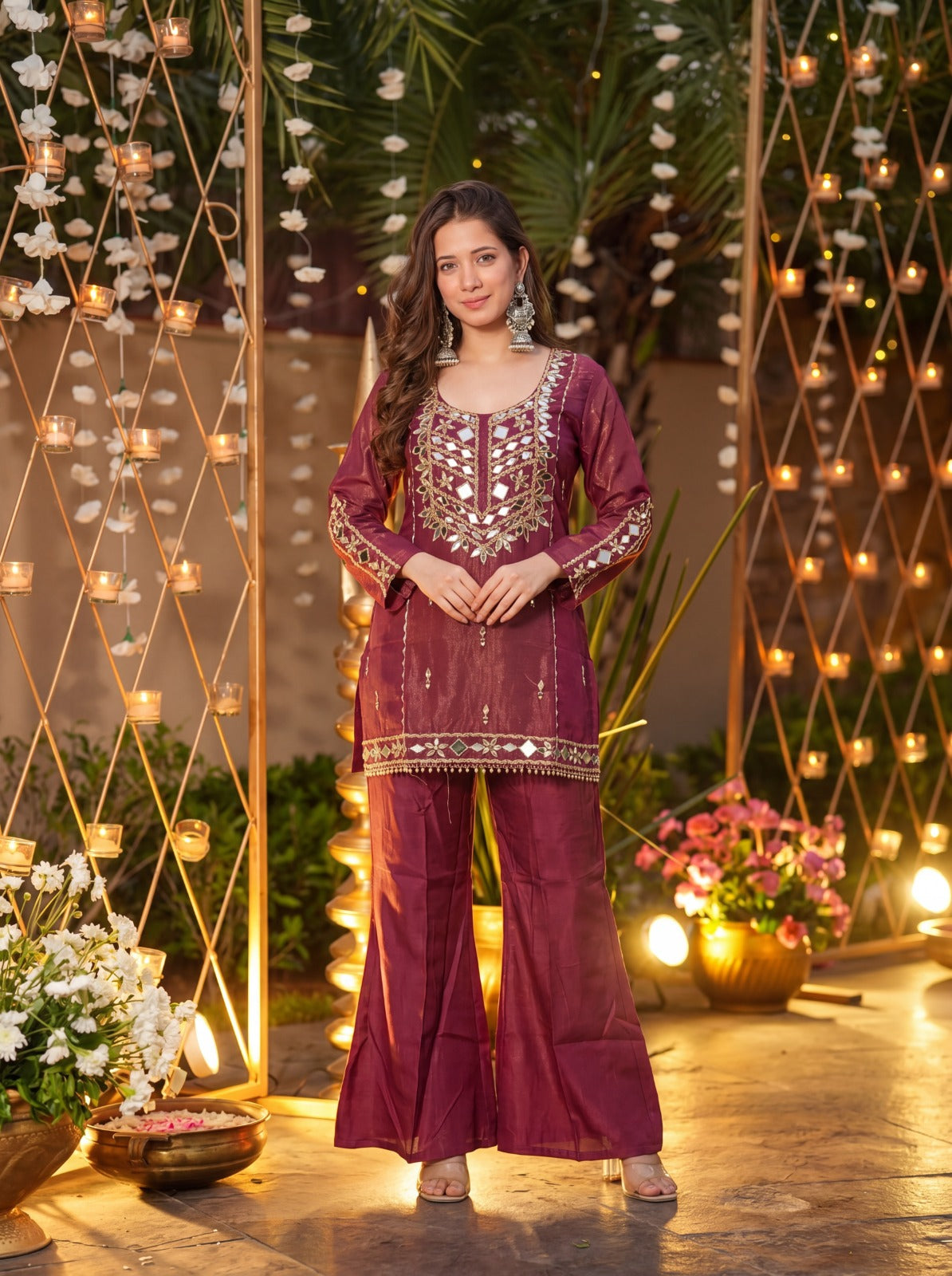 Maharani Wine Signature Mirror Embellished Plazo Set