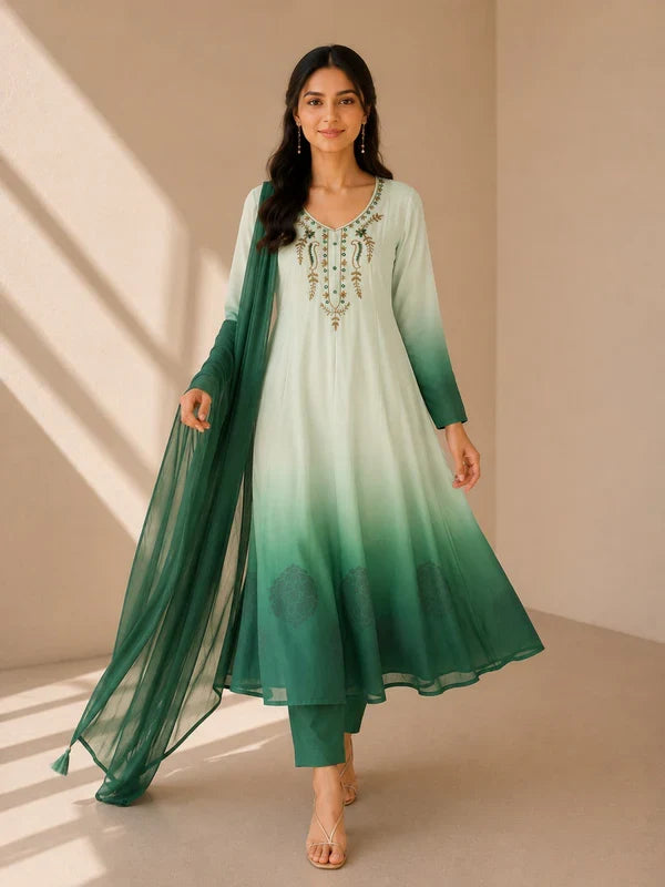 Mint Green Embroidered Anarkali Suit Set with Dupatta