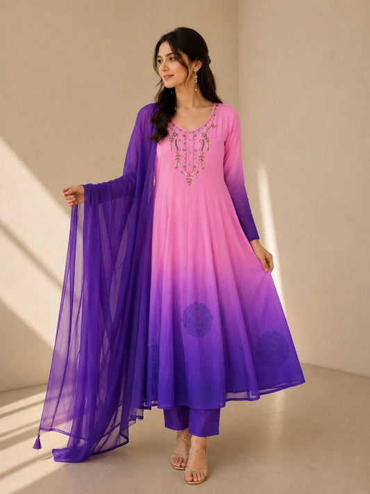 Pink & Royal Purple Embroidered Anarkali Suit Set with Dupatta