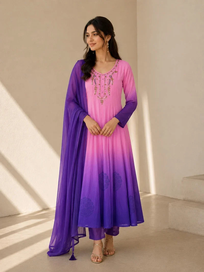 Pink & Royal Purple Embroidered Anarkali Suit Set with Dupatta