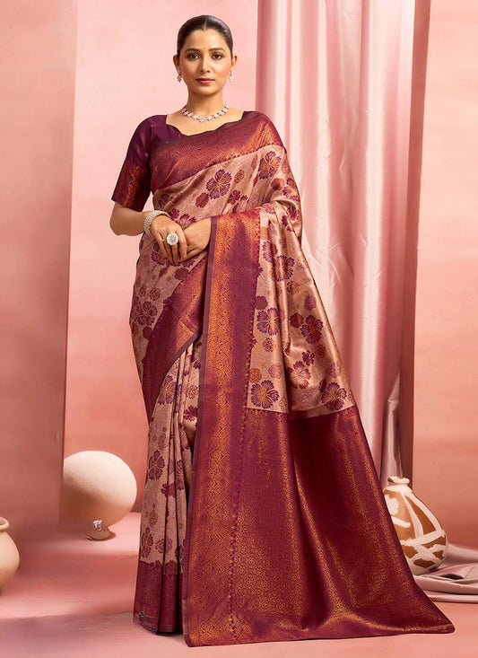 Elegant Peach Kanjivaram Silk Saree With Shine Zari Work