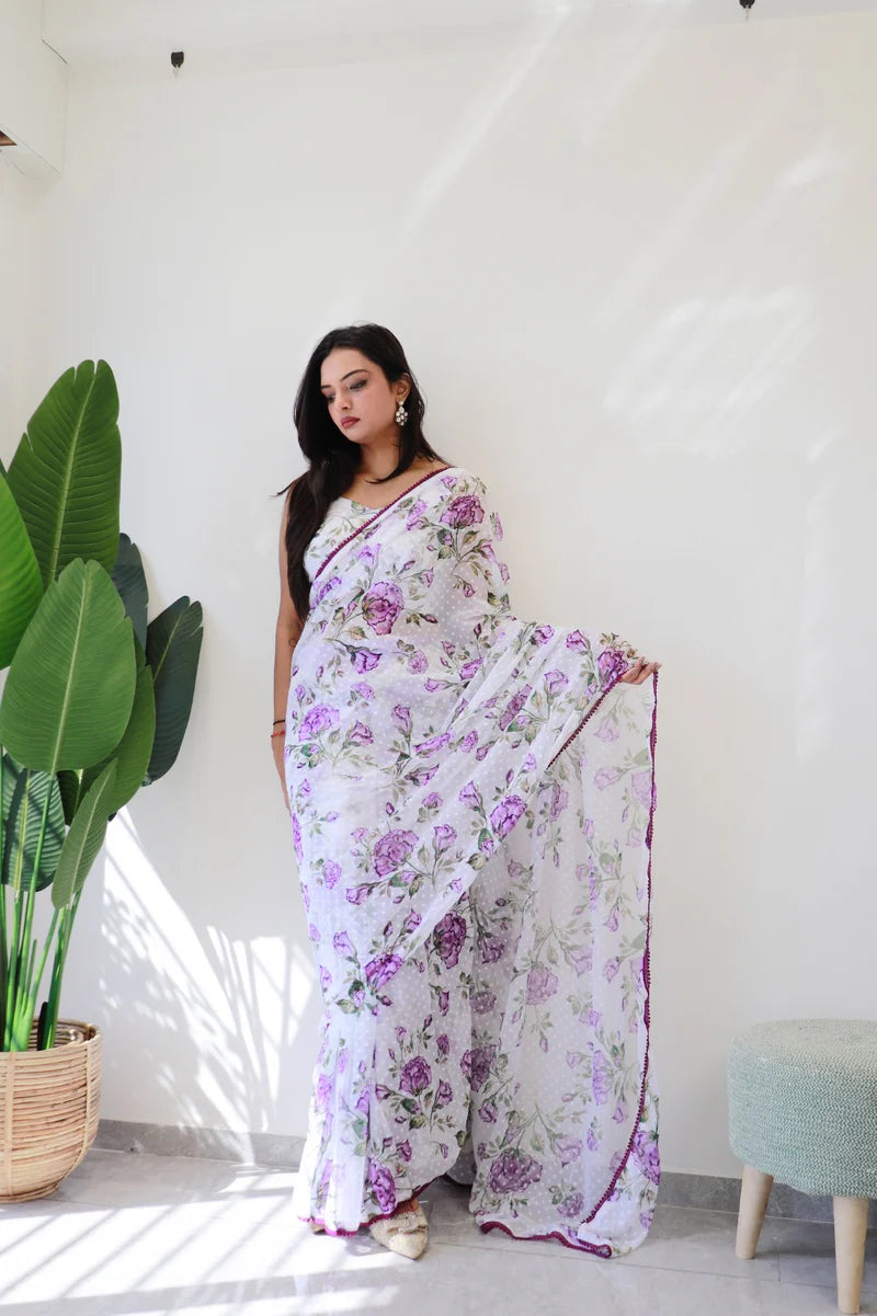 1 Min Ready To Wear Saree In Imported Butti Georgette In Purple Rose