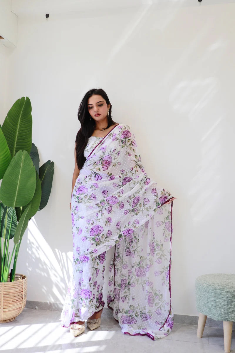 1 Min Ready To Wear Saree In Imported Butti Georgette In Purple Rose