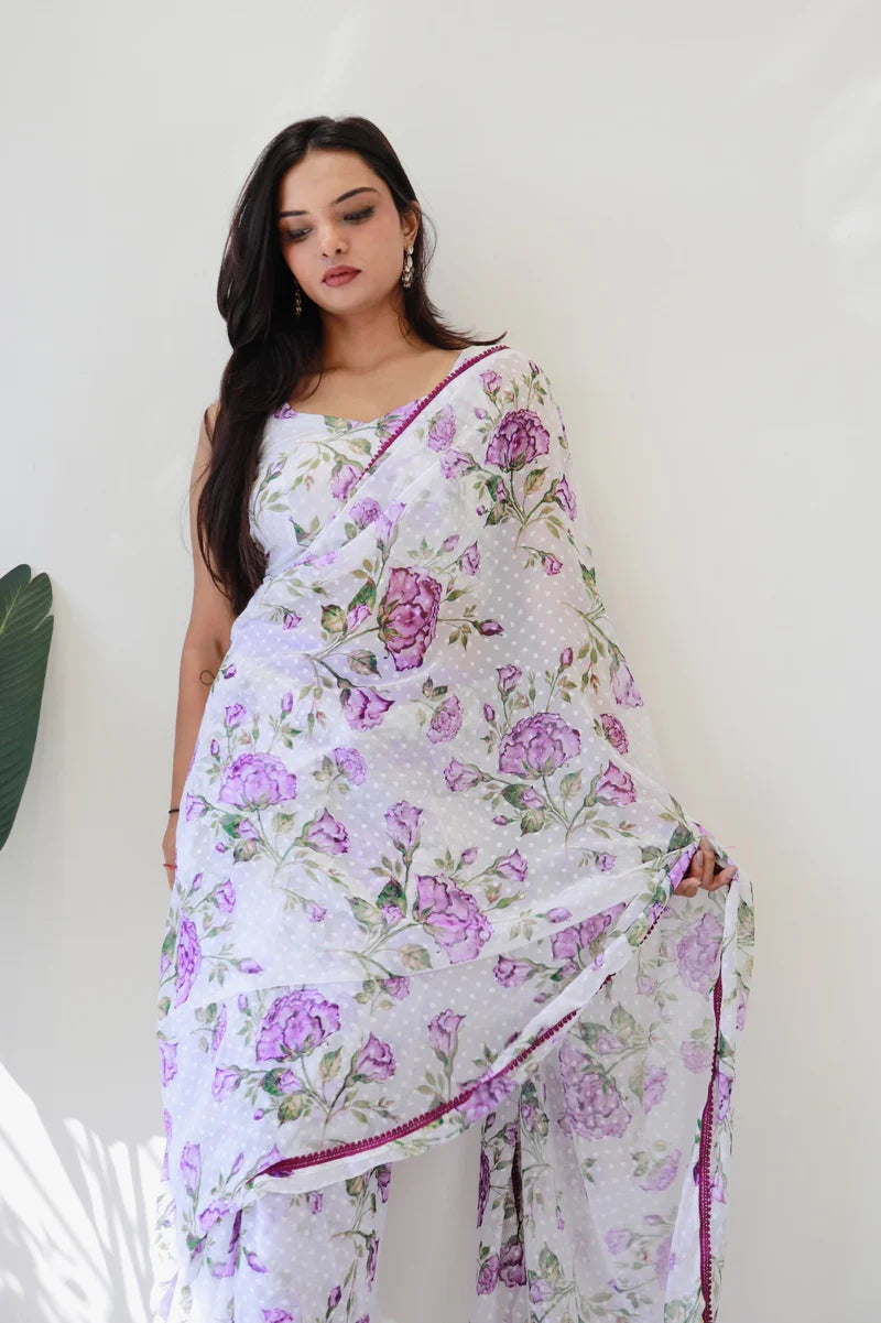 1 Min Ready To Wear Saree In Imported Butti Georgette In Purple Rose