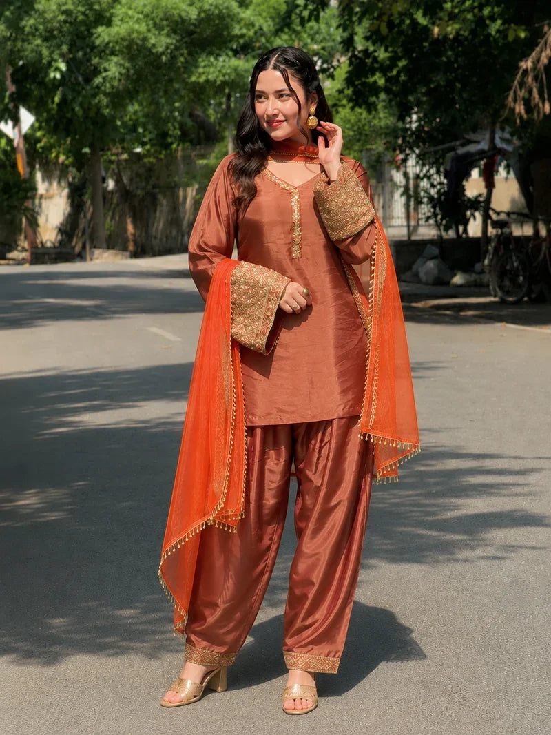 Amani Rust Embroidered Suit Set