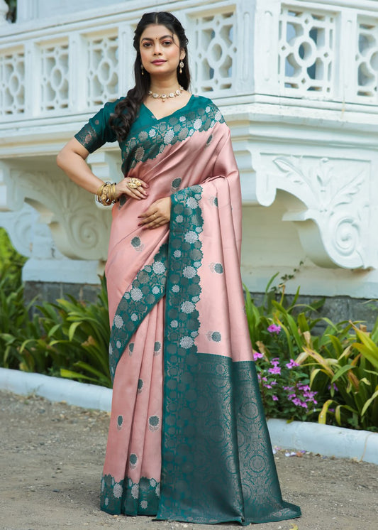 Most Charming Peach Banasari Silk Saree With Blouse