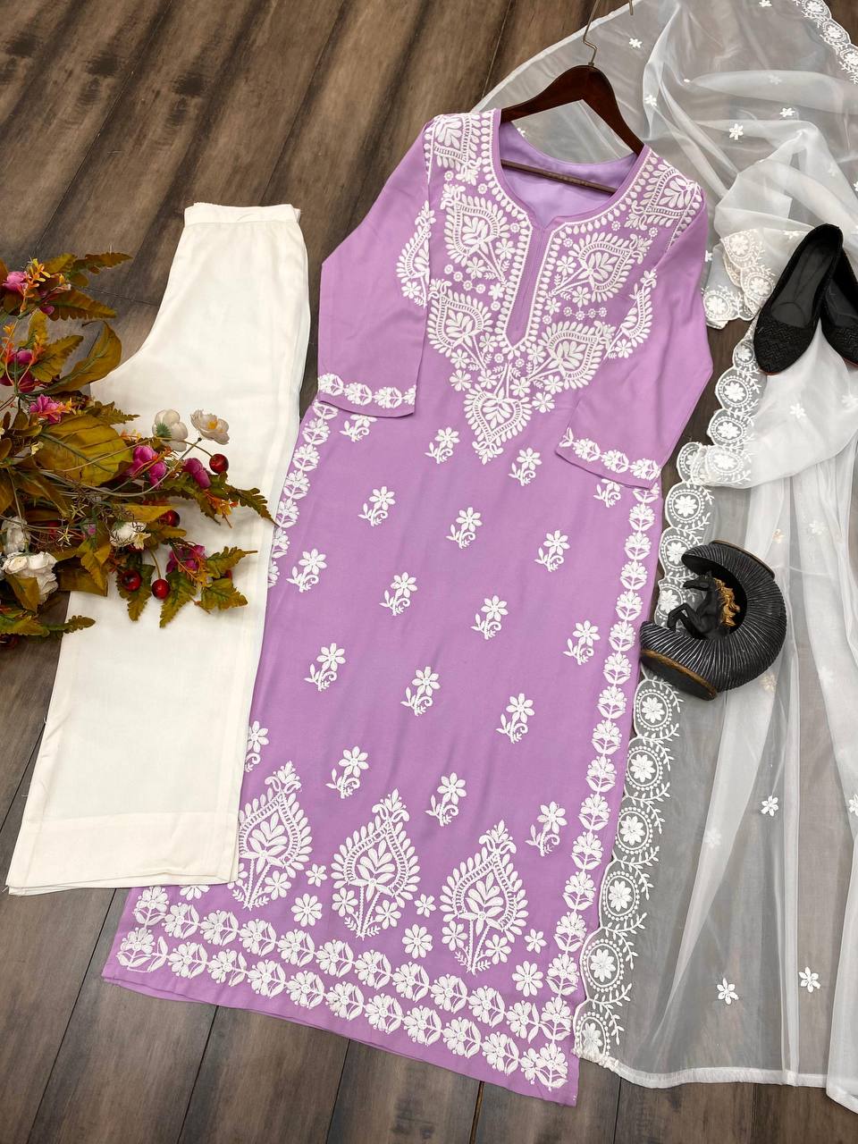 Beautiful Rayon Cotton Chikankari kurti Plazzo With Dupatta Set