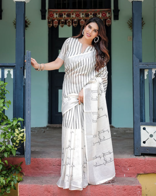 Graceful White Linen Cotton Saree Black Stripe & Arrow Motif