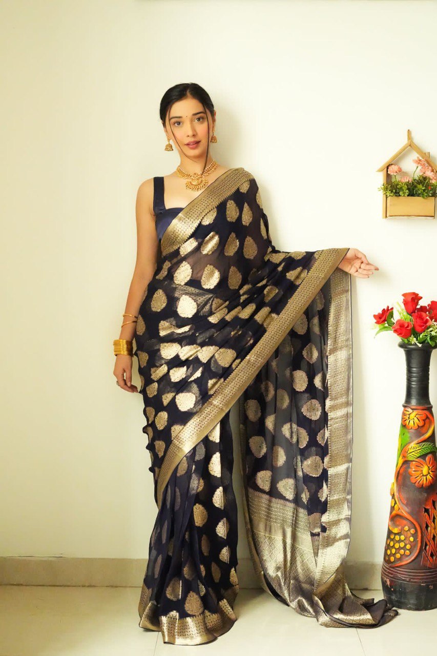 1 Min Ready To Wear Banarasi Silk Saree With Blouse