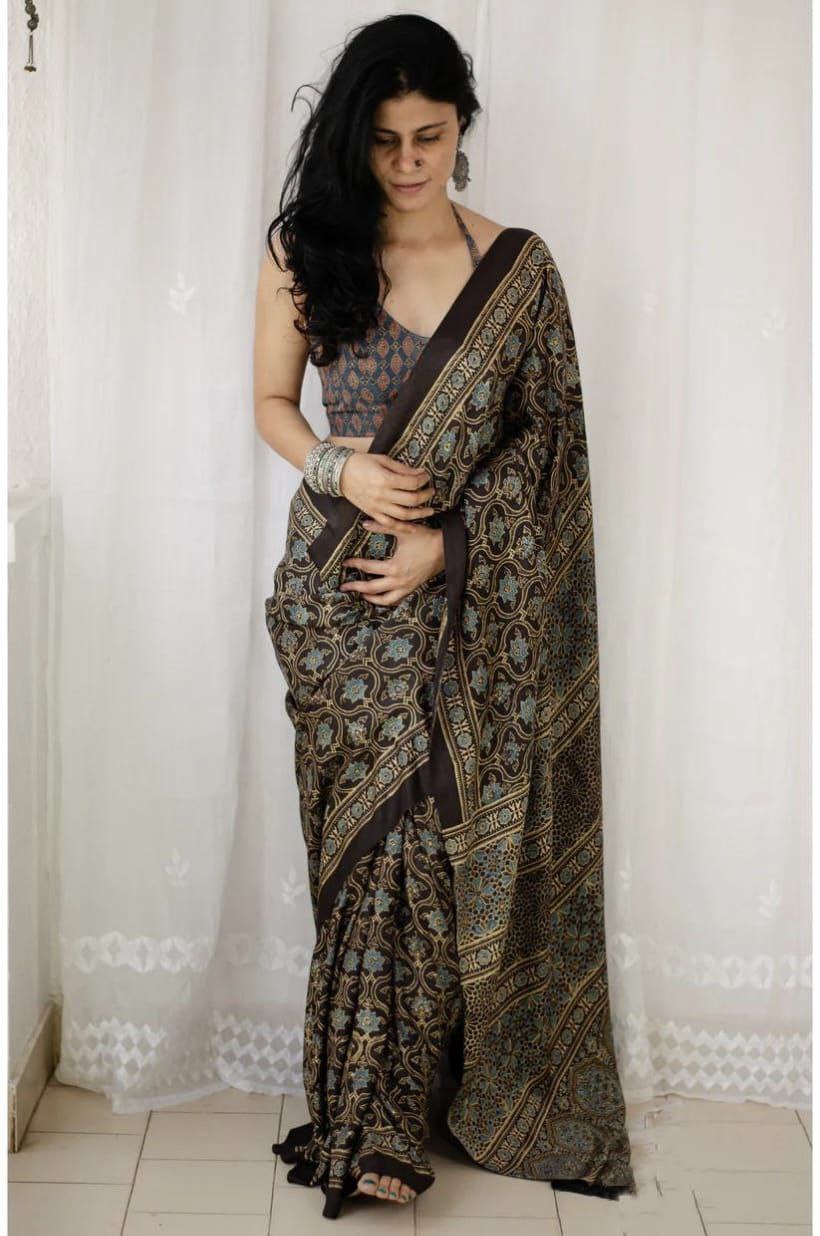 Pure Natural Linen Cotton Dyed Saree With Blouse