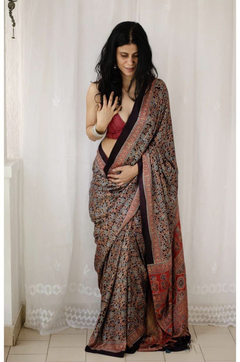 Pure Natural Linen Cotton Dyed Saree With Blouse