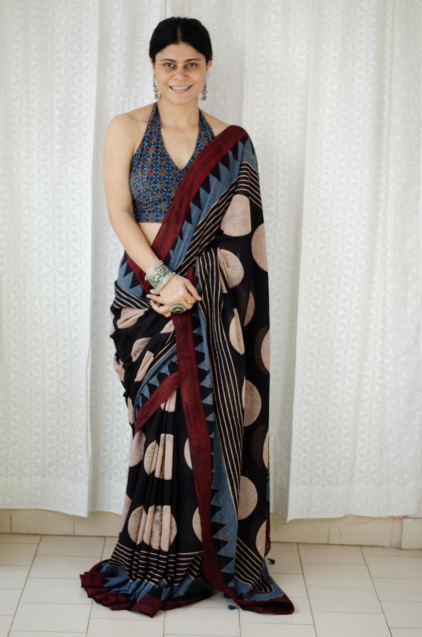 Pure Natural Linen Cotton Dyed Saree With Blouse