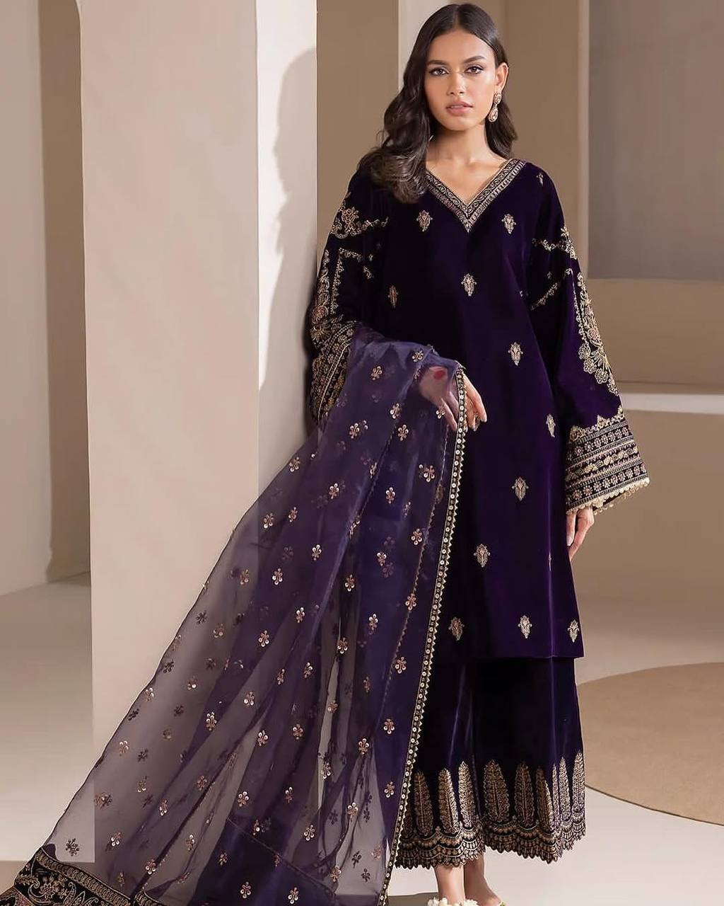 Most Trending Wine Winter Wear Designer Style Velvet Suit Set With Dupatta