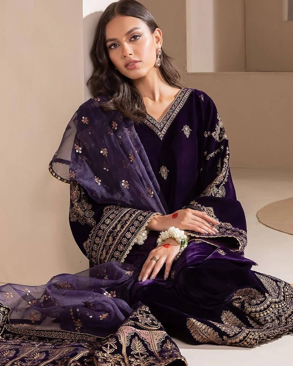 Most Trending Wine Winter Wear Designer Style Velvet Suit Set With Dupatta