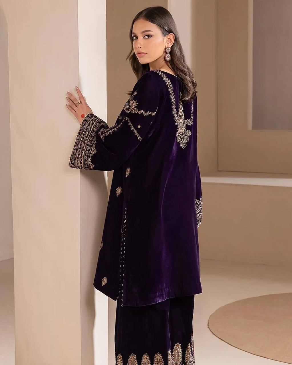 Most Trending Wine Winter Wear Designer Style Velvet Suit Set With Dupatta