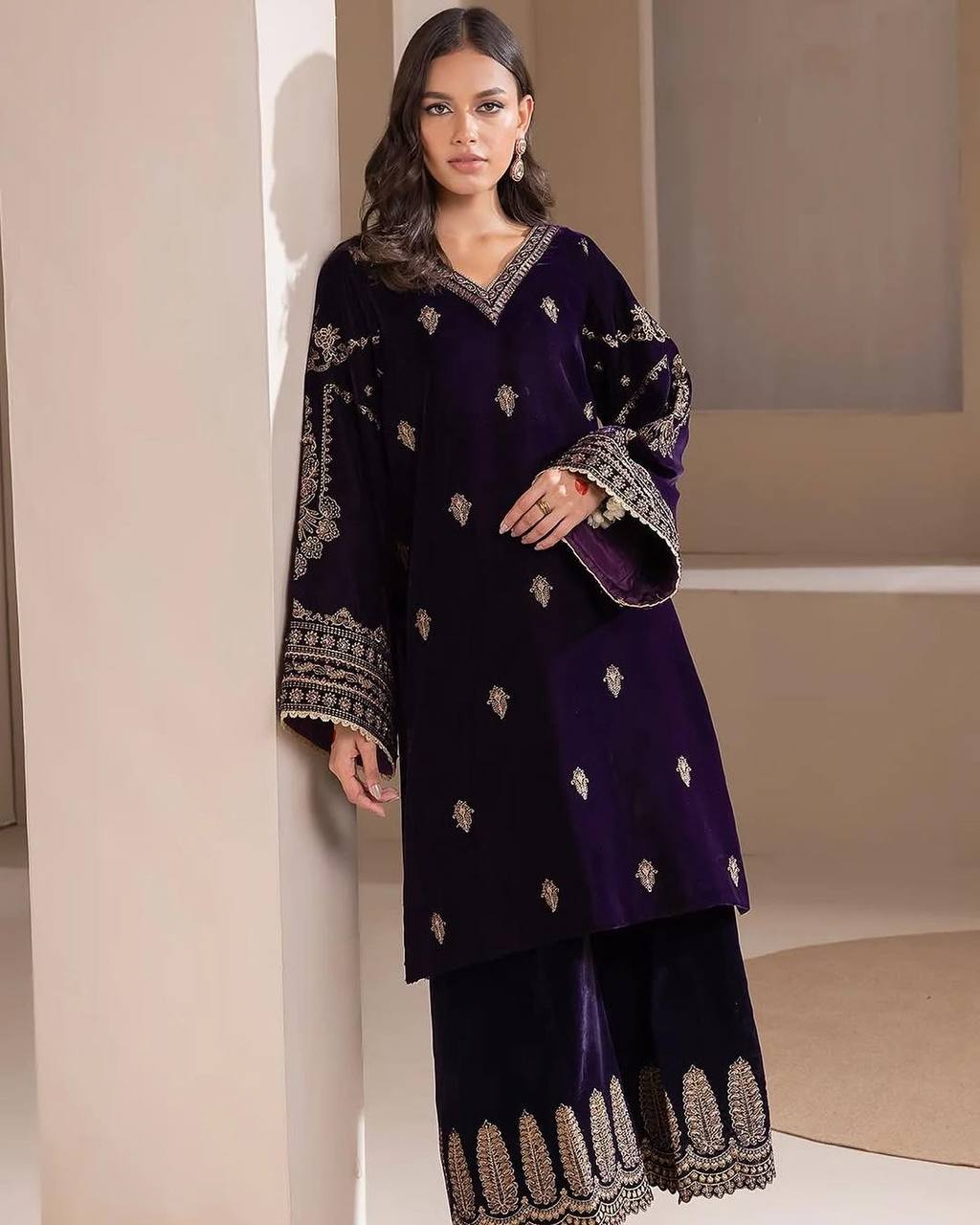 Most Trending Wine Winter Wear Designer Style Velvet Suit Set With Dupatta