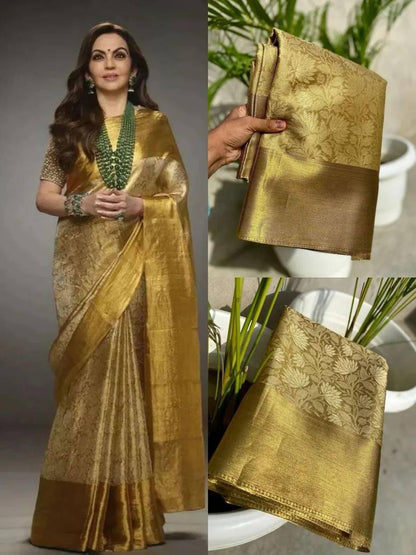 Most Trending Bollywood Tissue Metalic Pure Banarasi Zari Silk Saree