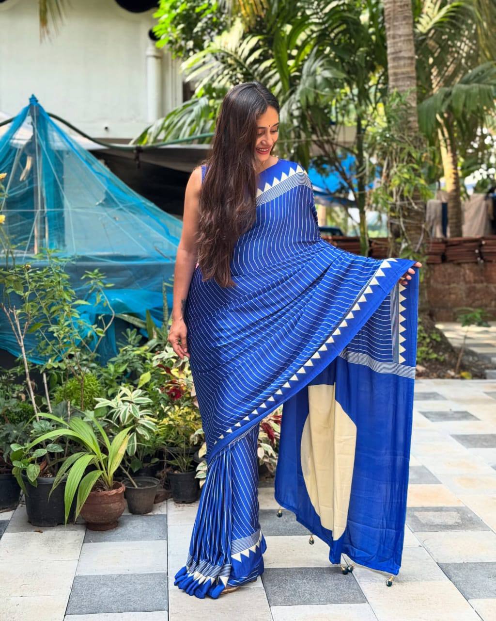 Very Trending Ajrakh Pure Gajji Silk Saree WIth Tassel