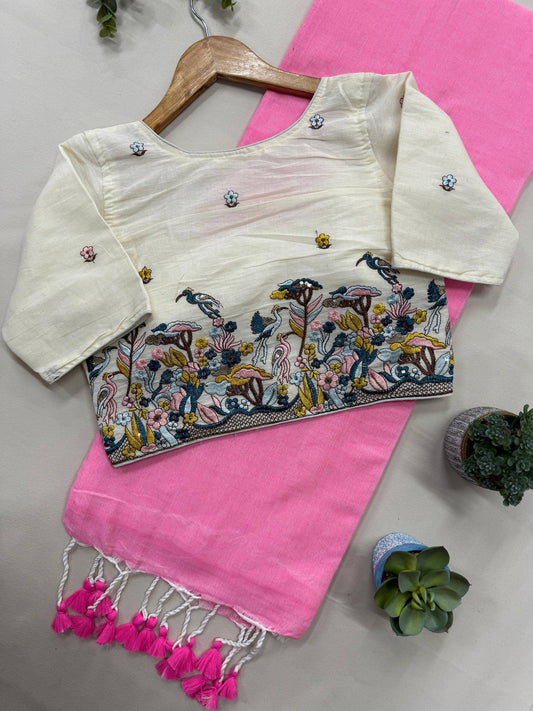 Baby Pink Pure Handloom Cotton Saree With Stitched Handwork Blouse
