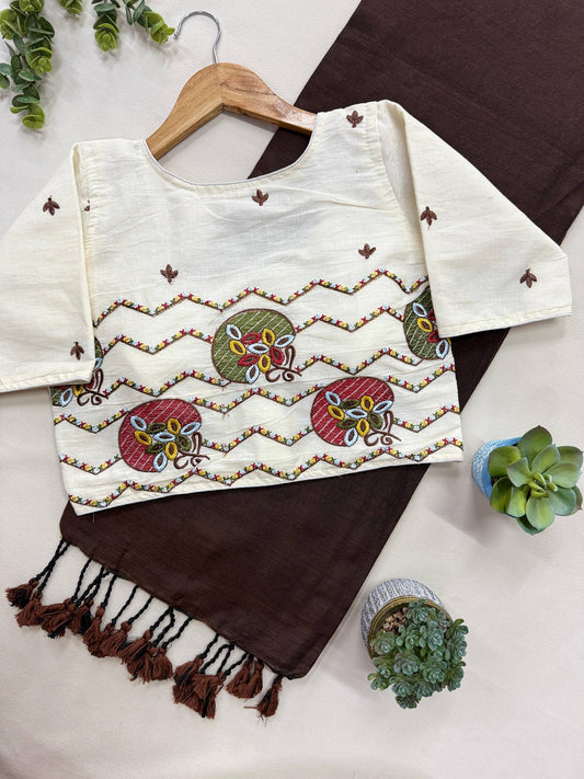 Dark Brown Khadi Cotton Saree With Stitched Handwork Blouse