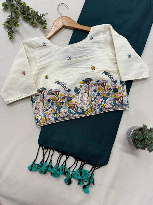 Rama Pure Handloom Cotton Saree With Stitched Handwork Blouse